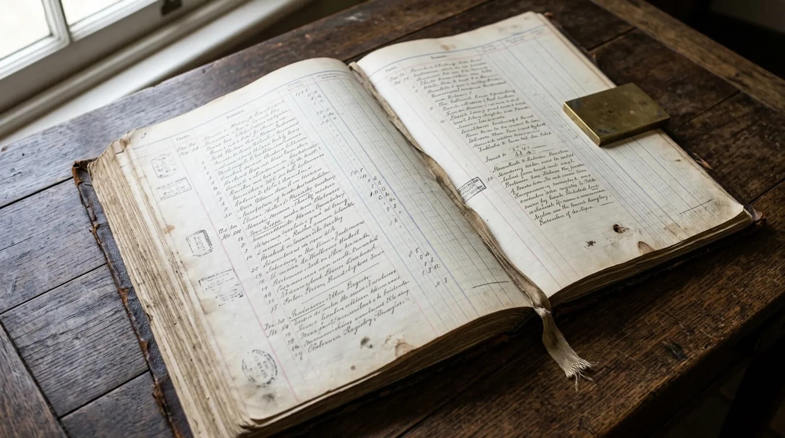 An old ruled register book open on a wooden desk, with handwritten entries and stamped marks in the margins.