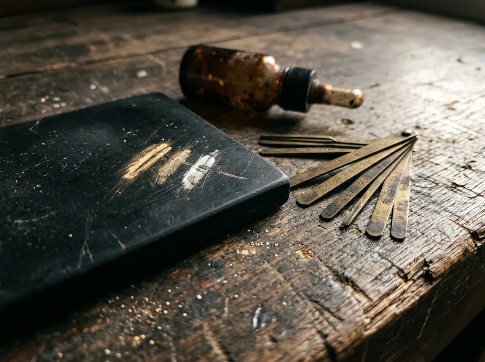 A black touchstone with gold and silver streaks, brass touch needles and a bottle of acid on a worn bench.