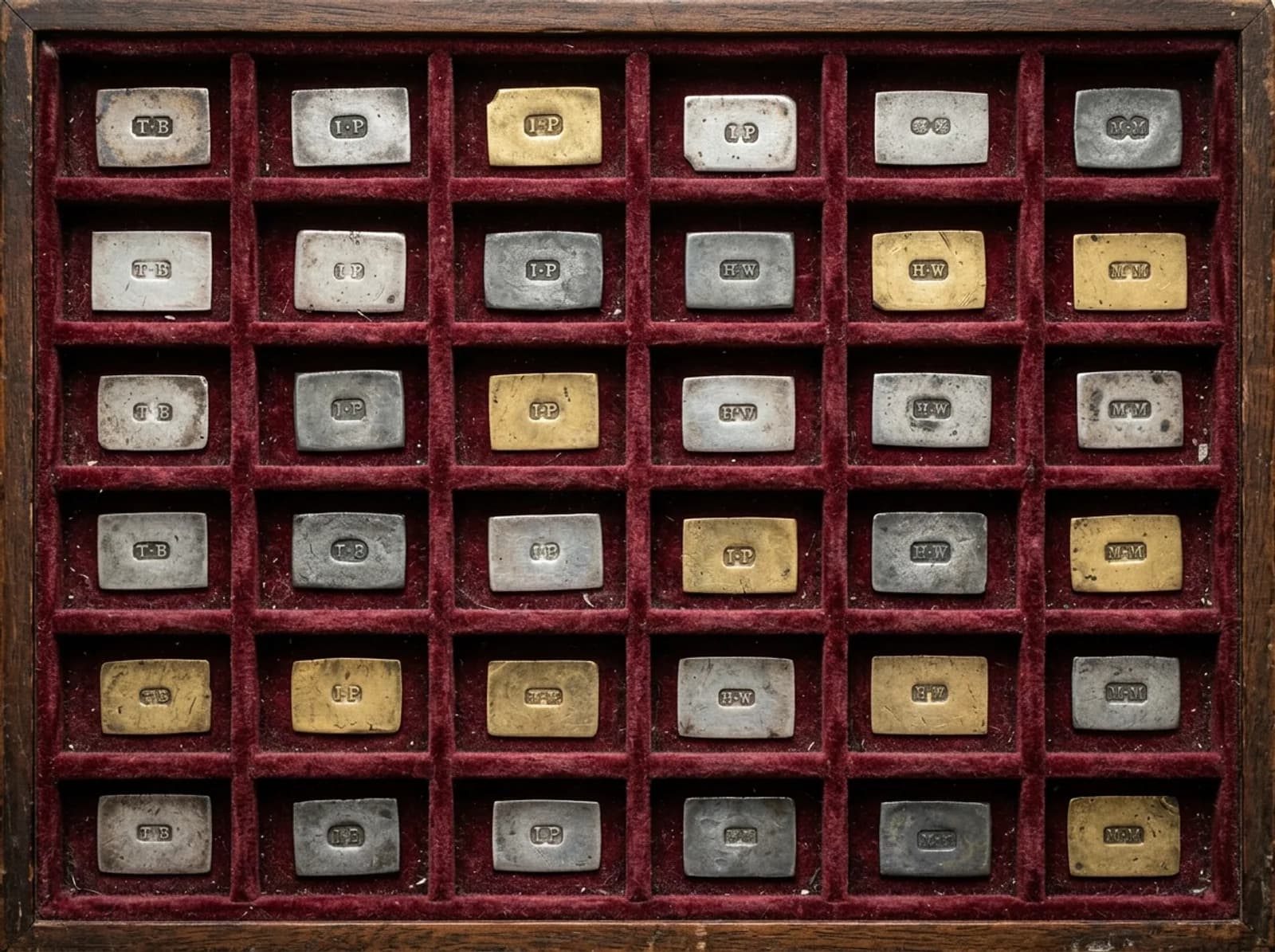 A jeweller's tray lined with oxblood velvet, each bed holding a small silver, pewter or gold piece struck with initials.