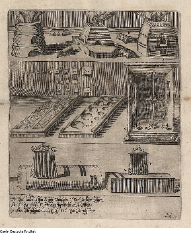 Engraved plate in three bands: smoking furnaces at the top, weights and a balance in a glazed case in the middle, and touch needles resting on two streaked touchstones at the bottom, with a German key.