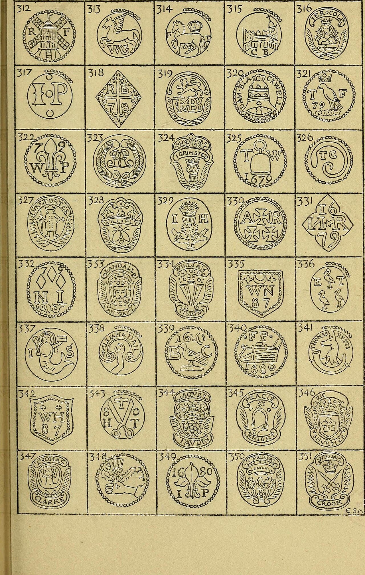 A printed grid of forty numbered drawings of pewterers' marks, with initials, dates such as 1679 and 1680, and devices including a windmill, a bell, a mermaid and crossed swords.